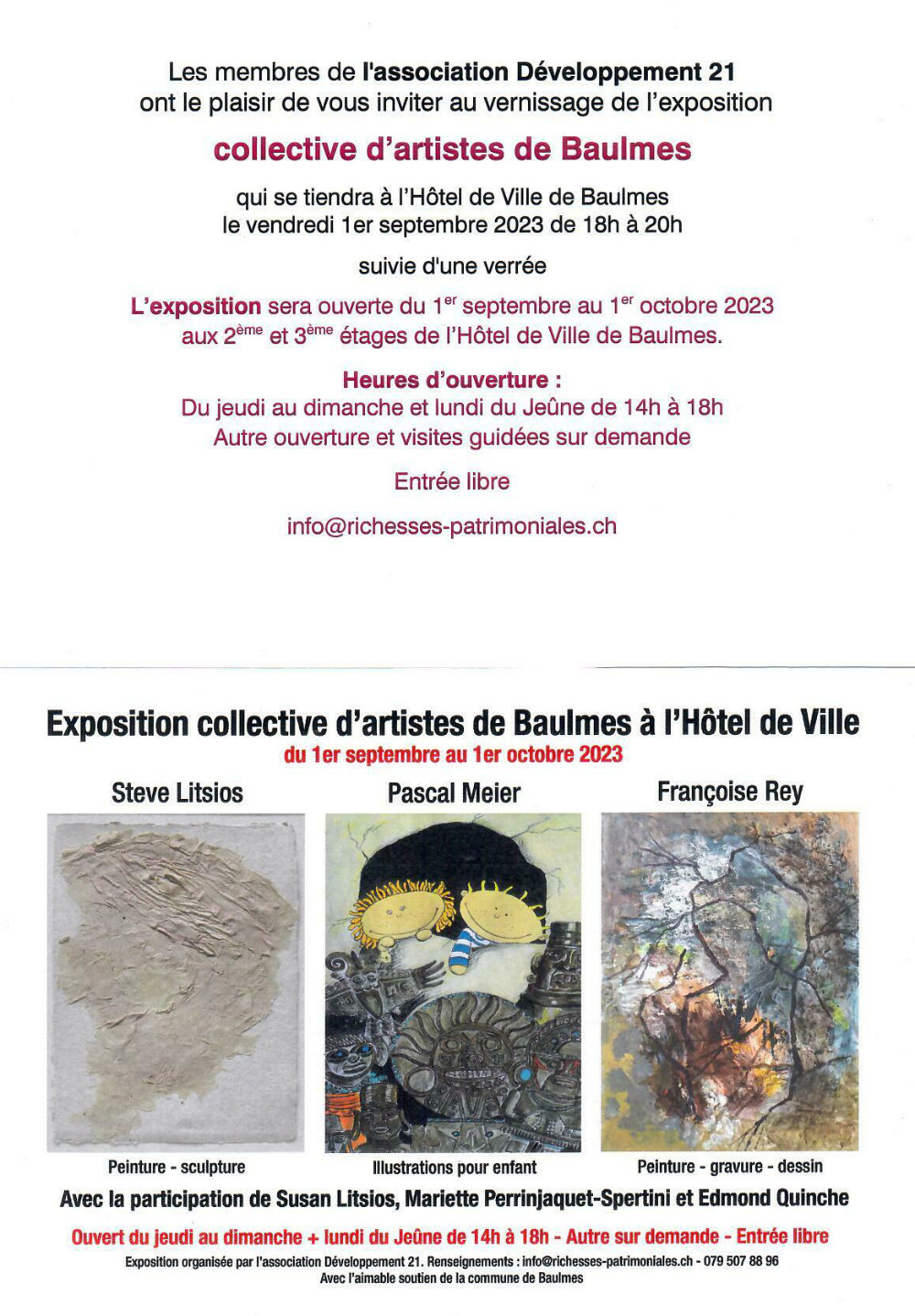 Invitation for a show with artists from Baulmes at the city hall (Hôtel de Ville), Sep. 1st to Oct. 1st 2023.